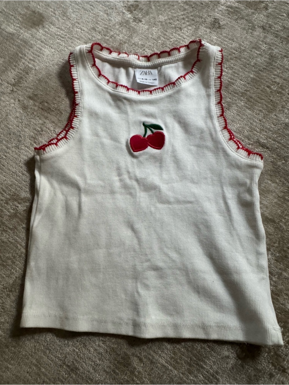Zara Kids Cream Ribbed Tank with Red Cherry Patch